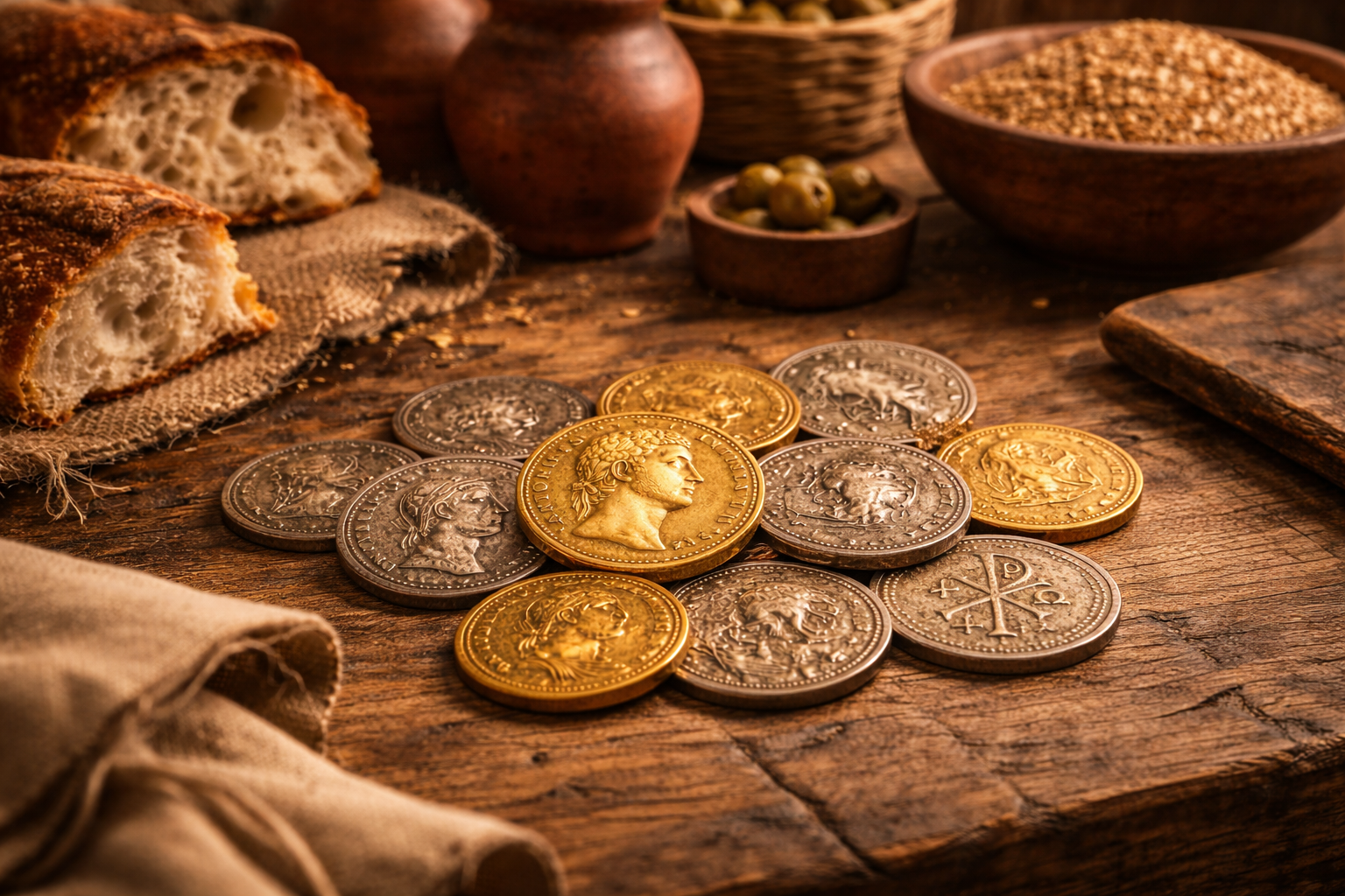 Roman coins representing daily life in ancient Rome