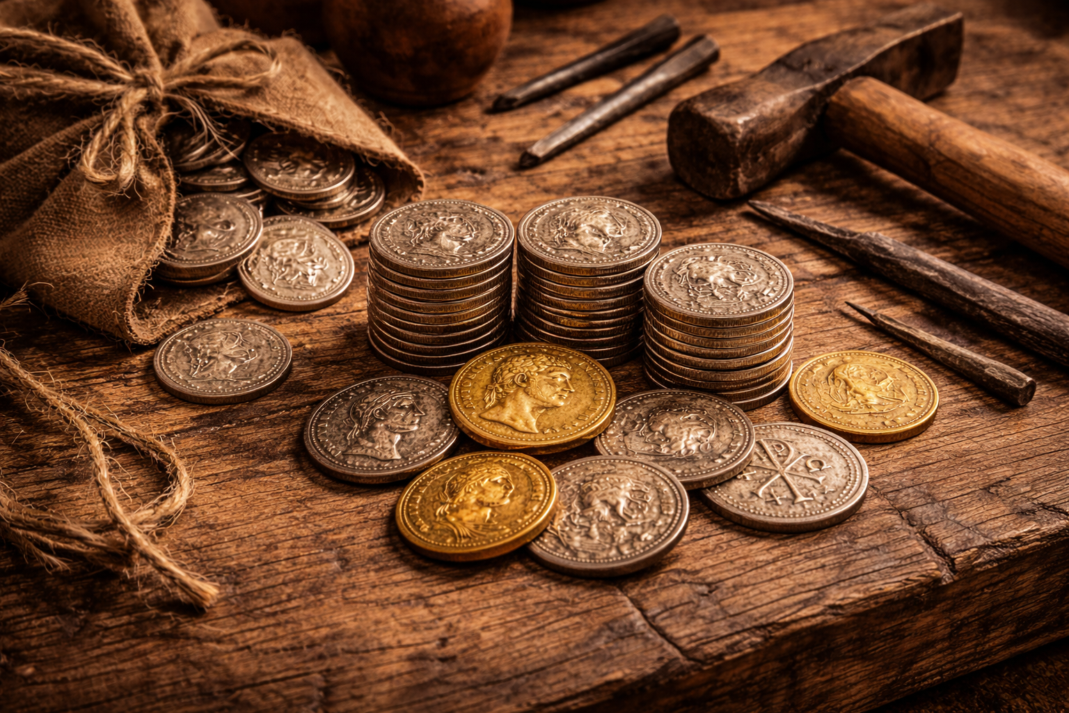 Roman coins representing daily life in ancient Rome