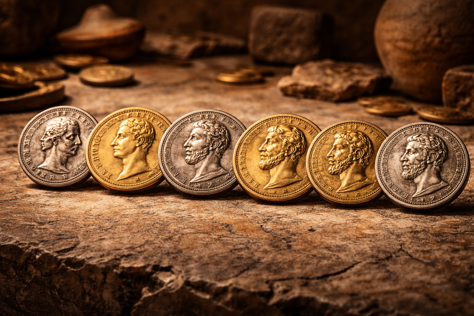 Roman imperial coins showing different emperor portraits across time