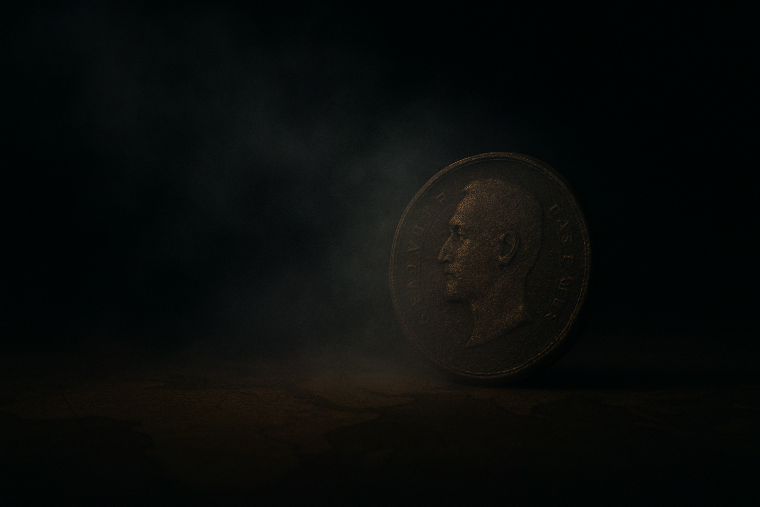 Single coin fading into mist symbolizing legend