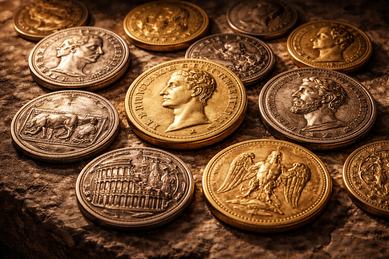 Symbols and portraits on Roman coins representing authority and identity