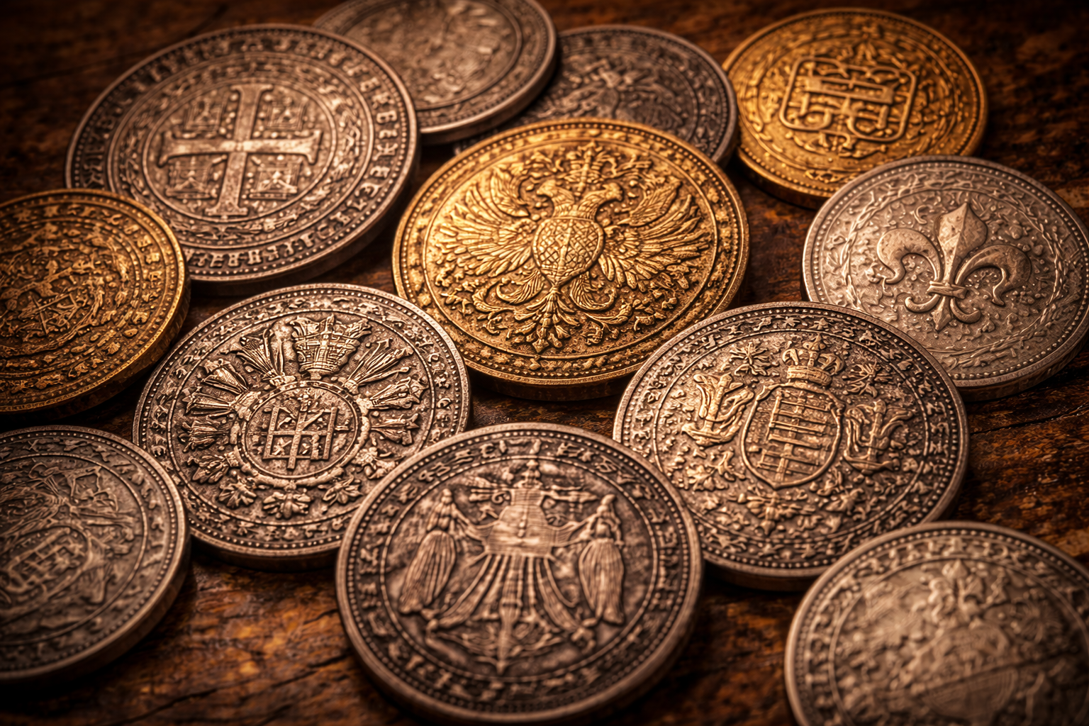 Symbols on historical coins representing authority and identity