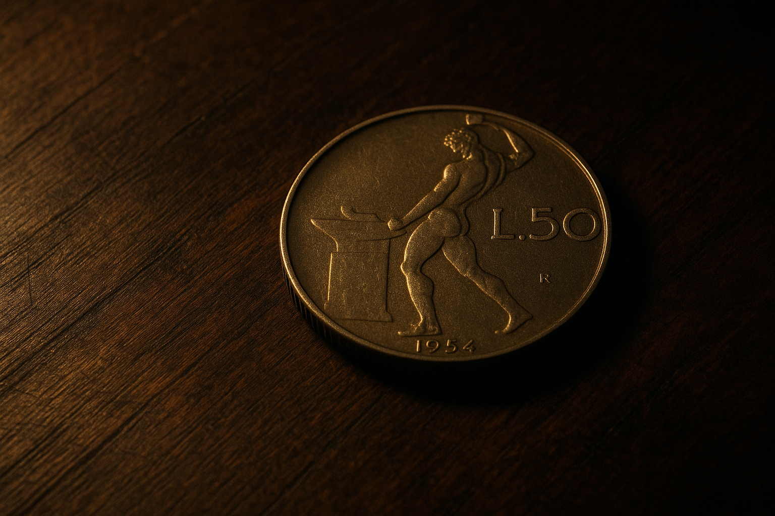 Cinematic macro shot of an Italian 50 lira coin on a dark antique wooden table