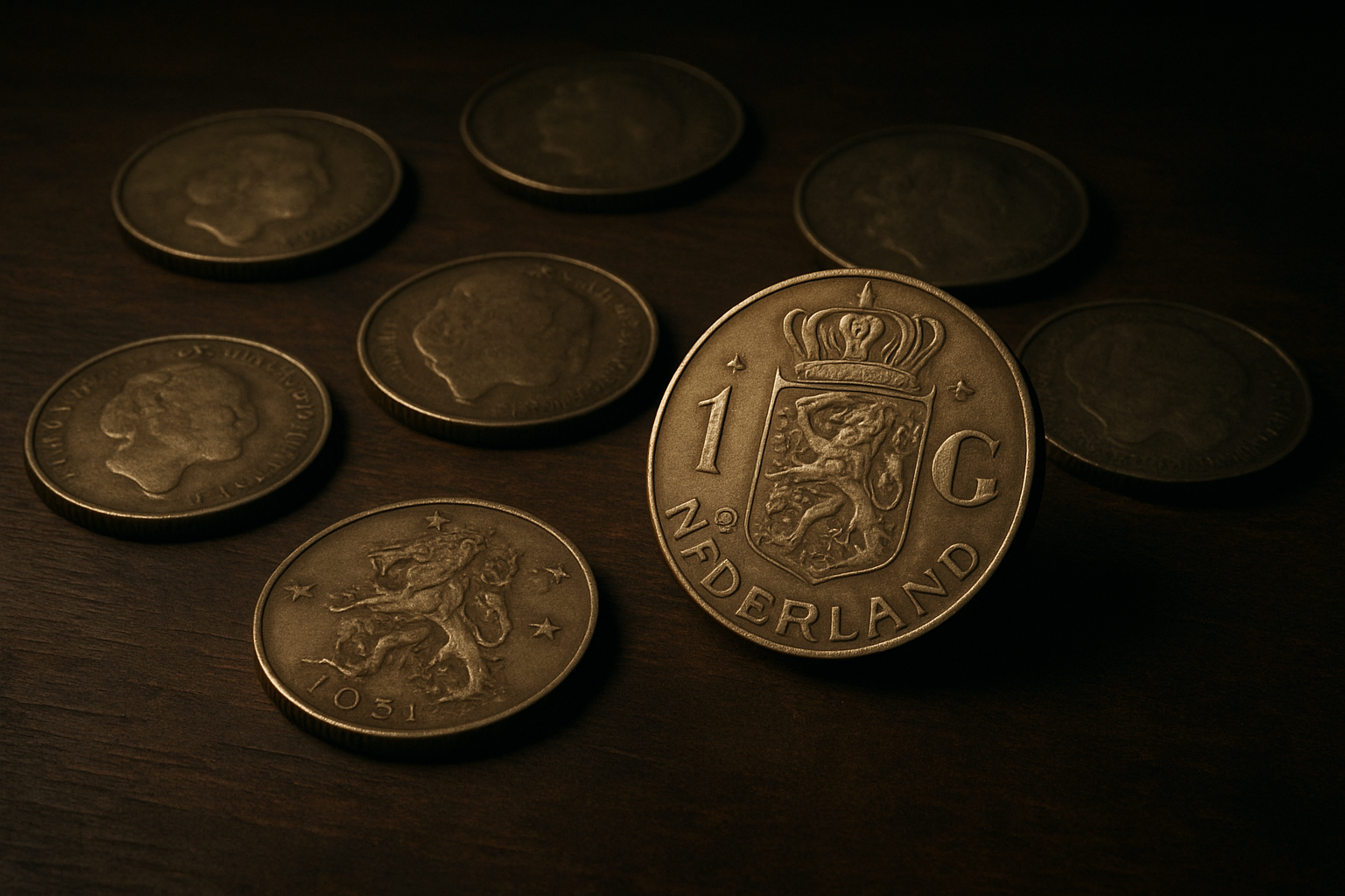 Cinematic 3D macro shot of old Dutch guilder coins on a dark antique wooden table