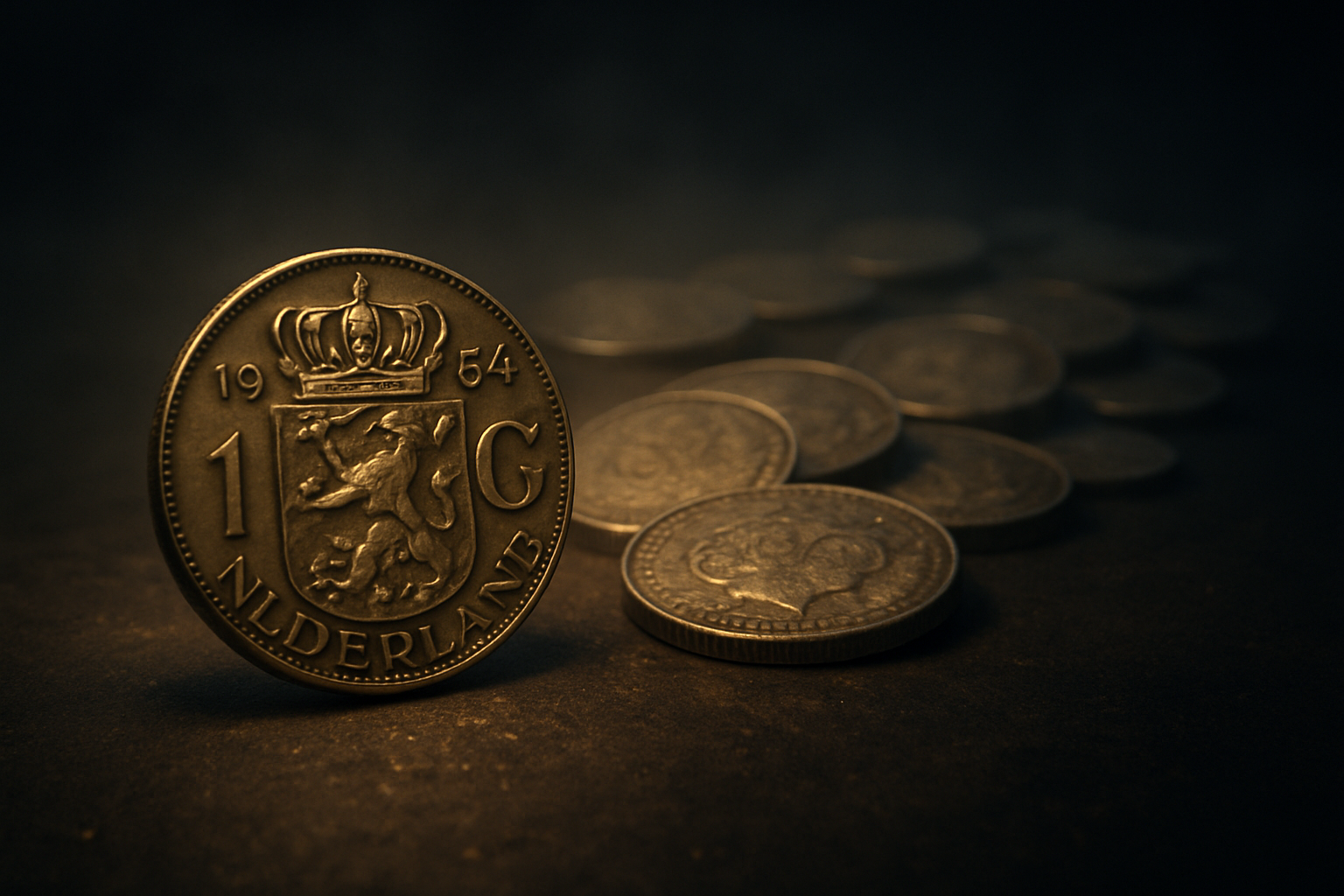 Cinematic 3D scene of Dutch guilder coins fading into mist on a dark surface