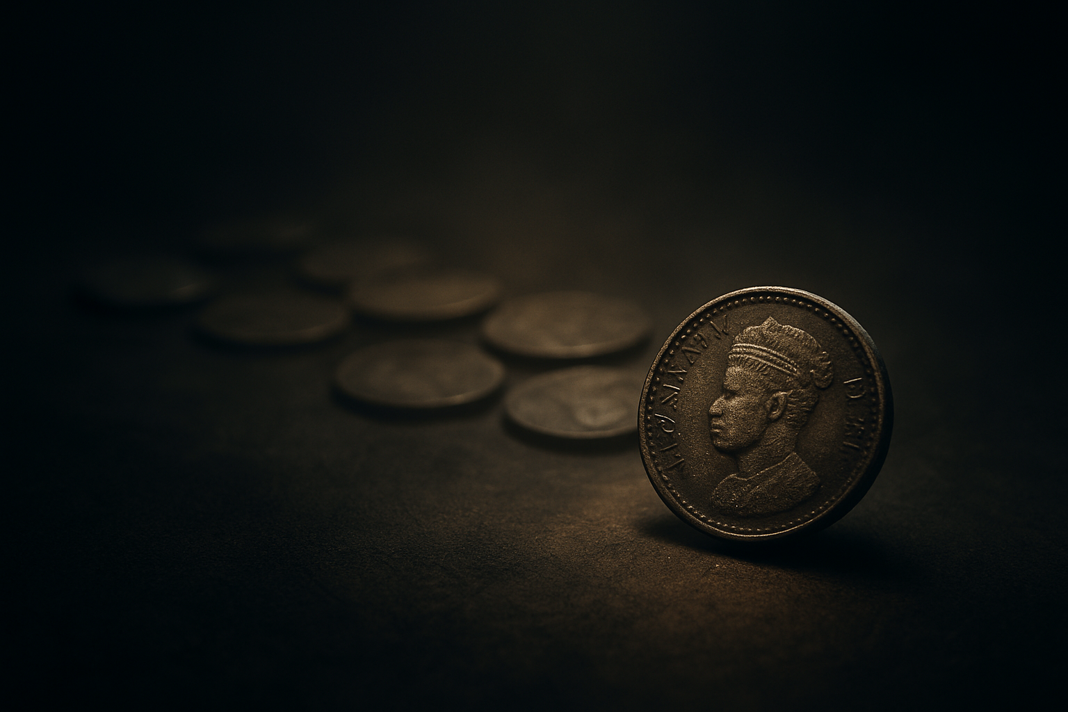 Wide cinematic 3D scene of a small cluster of African coins fading into mist on a dark textured surface