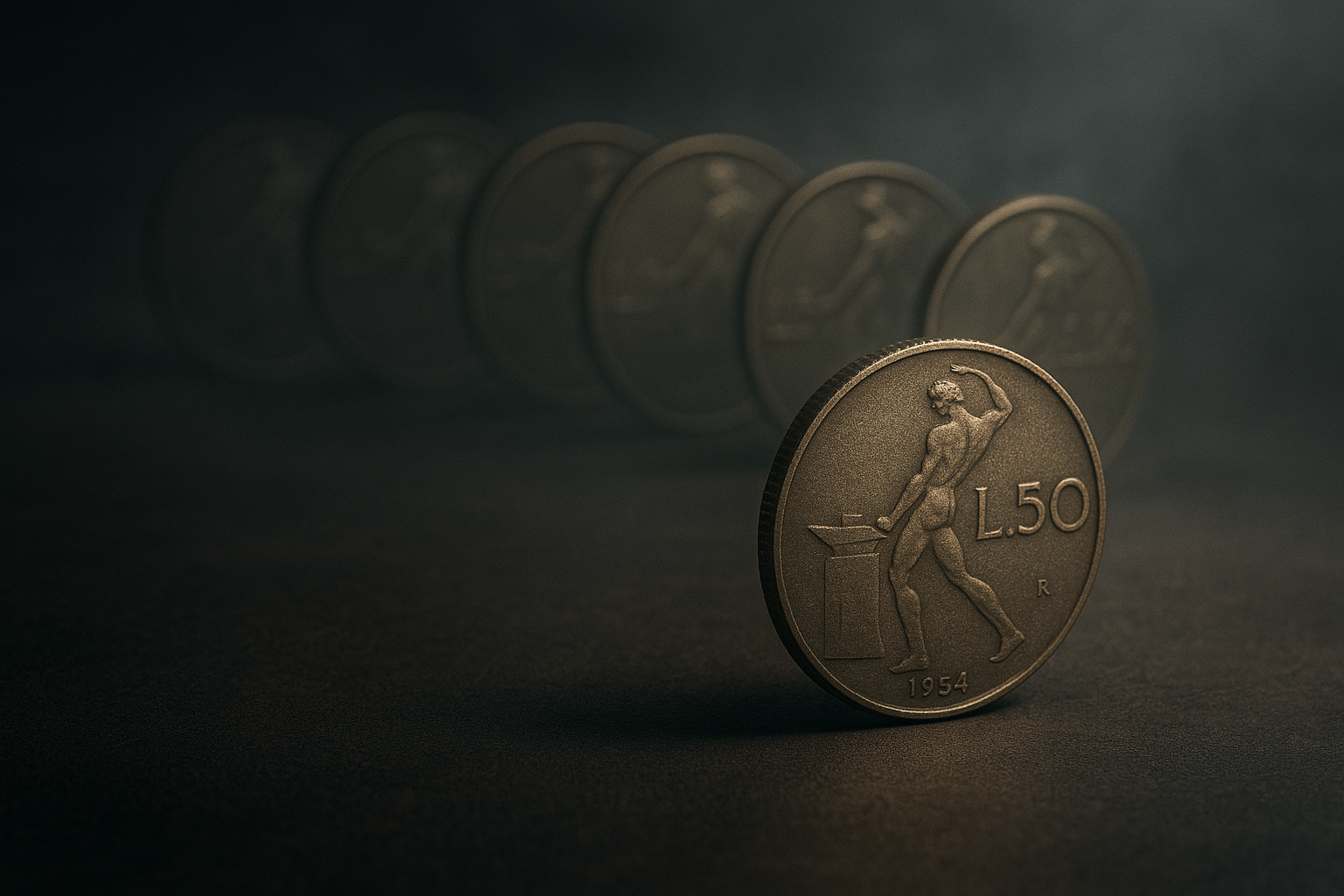 Wide cinematic scene of several Italian 50 lira coins fading into mist on a dark textured surface