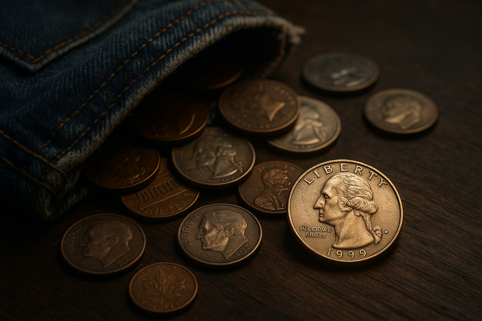 Cinematic 3D timeline of coins arranged around the year 1999 as a turning point