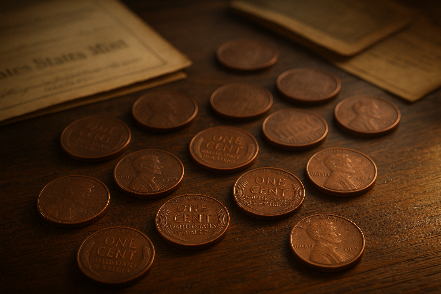 Cinematic render showing legendary American pennies on an antique wooden desk
