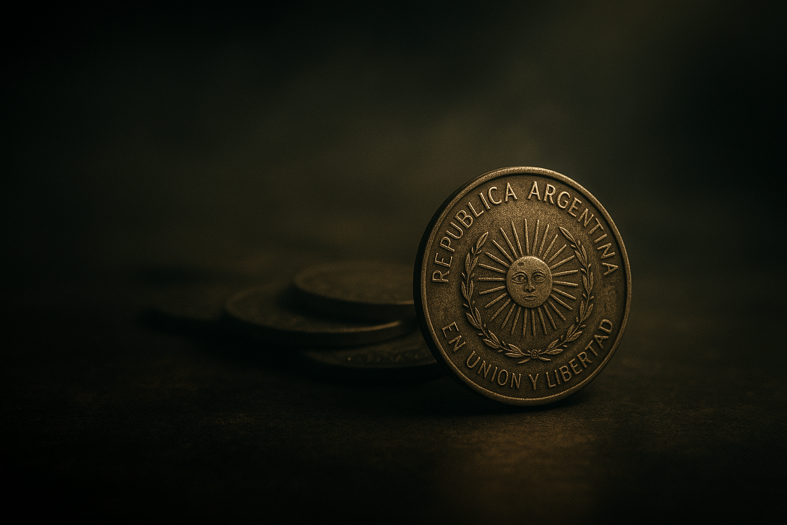 Cinematic scene of a small pile of Argentine peso coins fading into mist on a dark surface