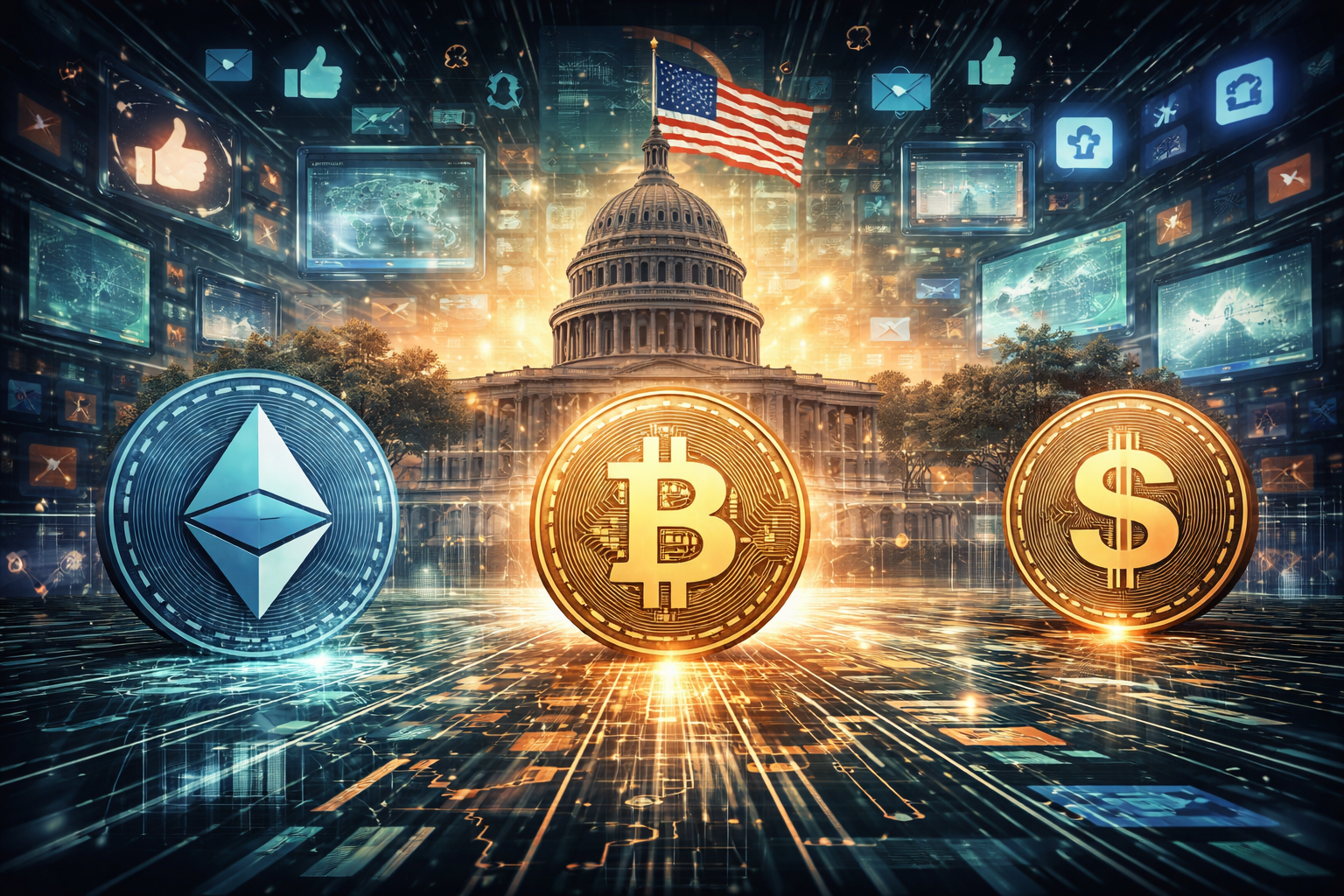 Abstract illustration showing politics, cryptocurrency, and internet culture