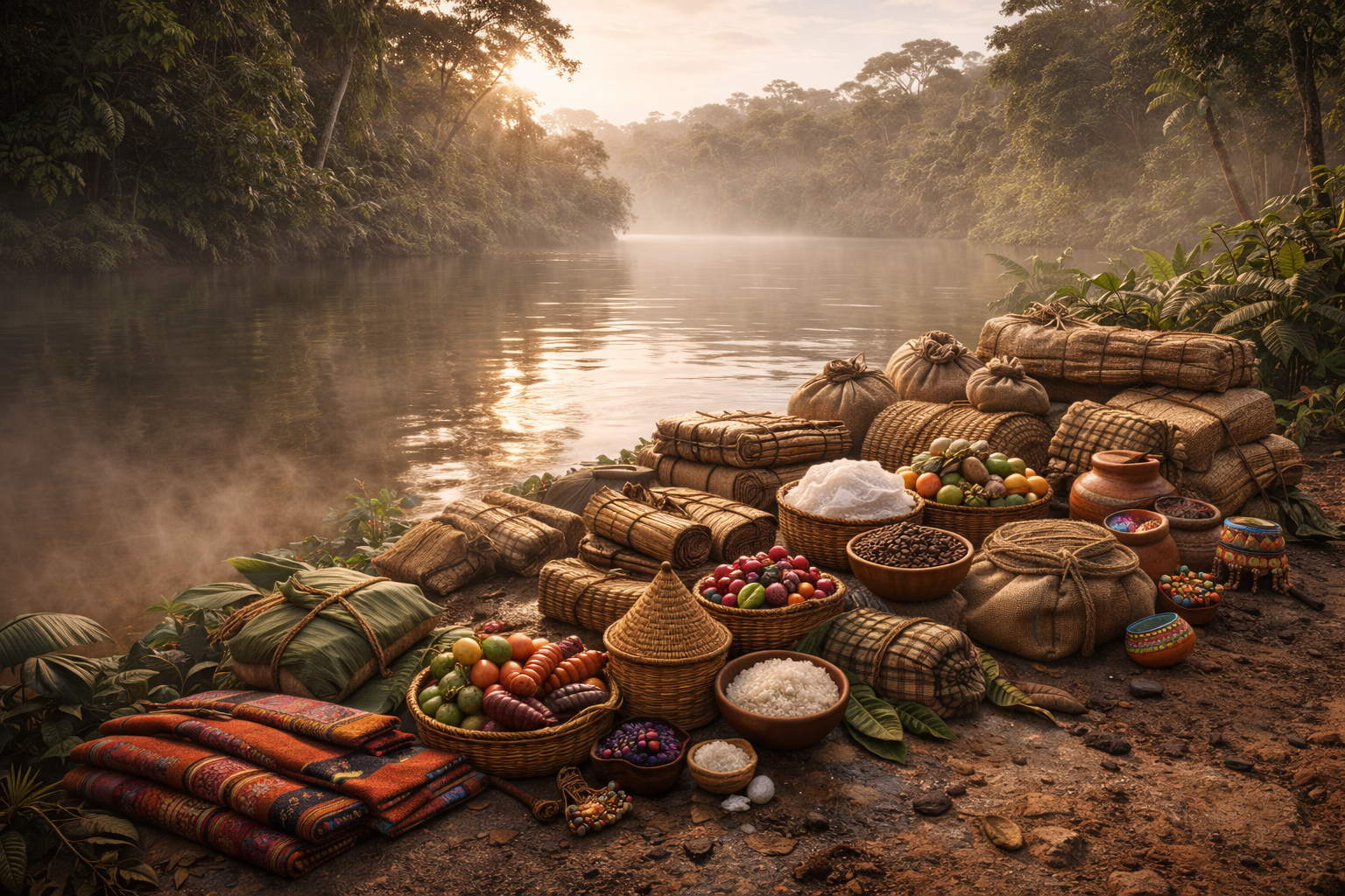 Amazon river trade bundles representing exchange networks in South America.