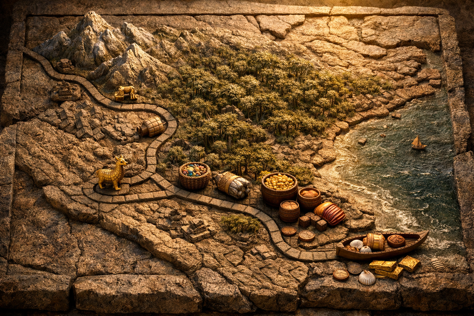 Ancient trade routes in South America connecting mountains, forests, and coastal regions.