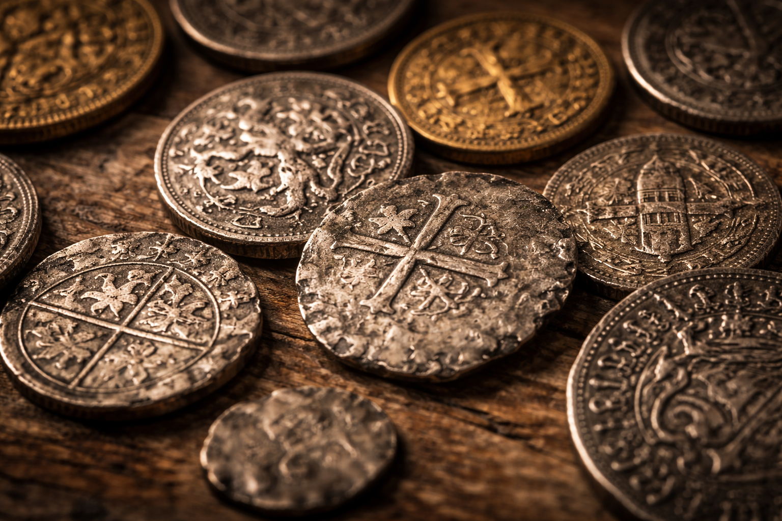 Close-up of medieval coins highlighting texture and shapes