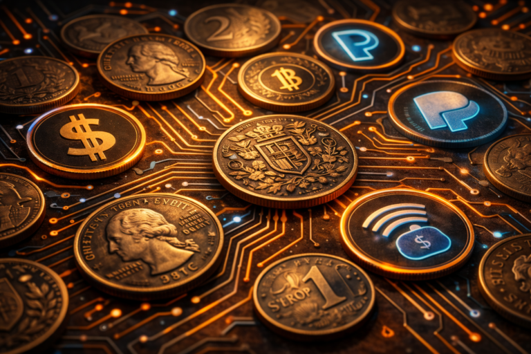 Coins and digital money representing trust across time