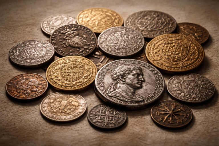 Coins from different periods representing changing importance.
