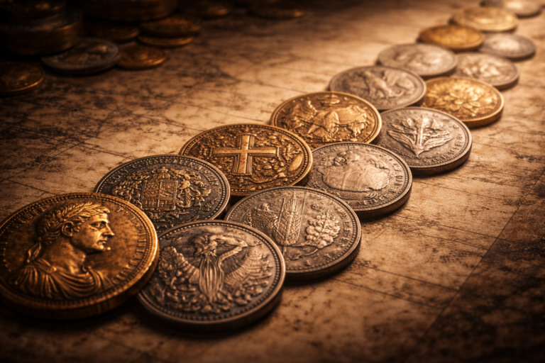 Coins transitioning from ruler portraits to symbolic designs reflecting political change