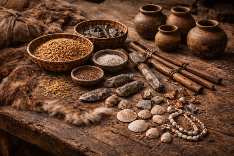 Early barter exchange of goods before the invention of money.