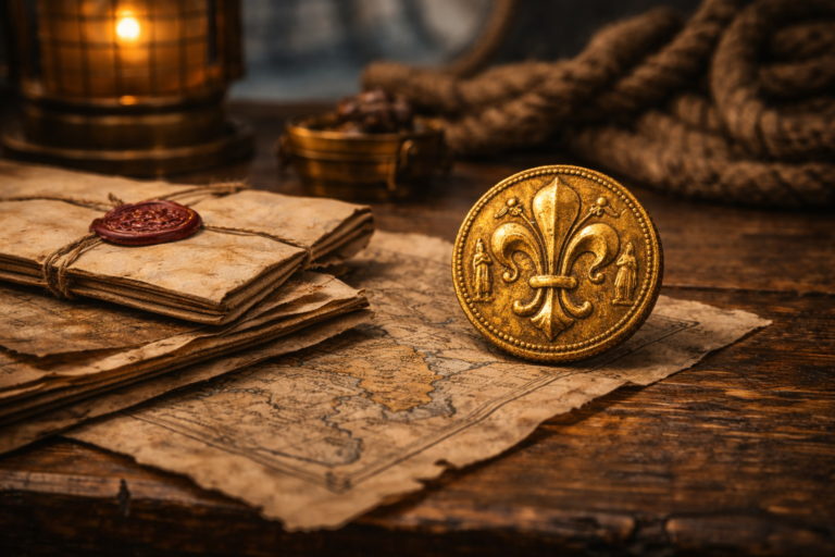 Fifteenth century gold coin placed beside parchment maps and trade documents representing borderless European commerce.