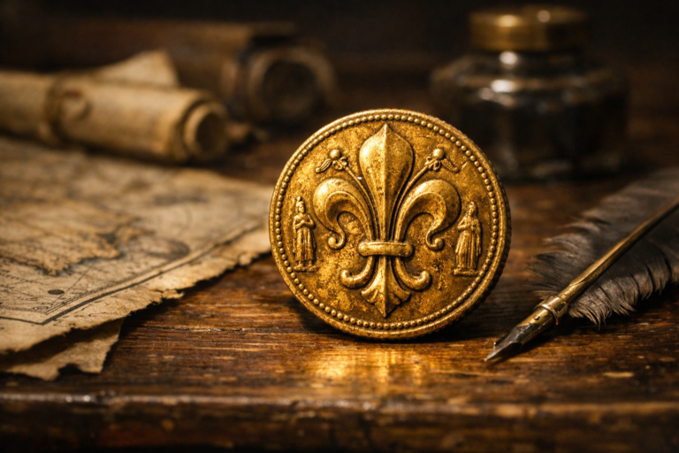 Florentine florin coin from 15th century Florence shown as a historical gold trade standard.