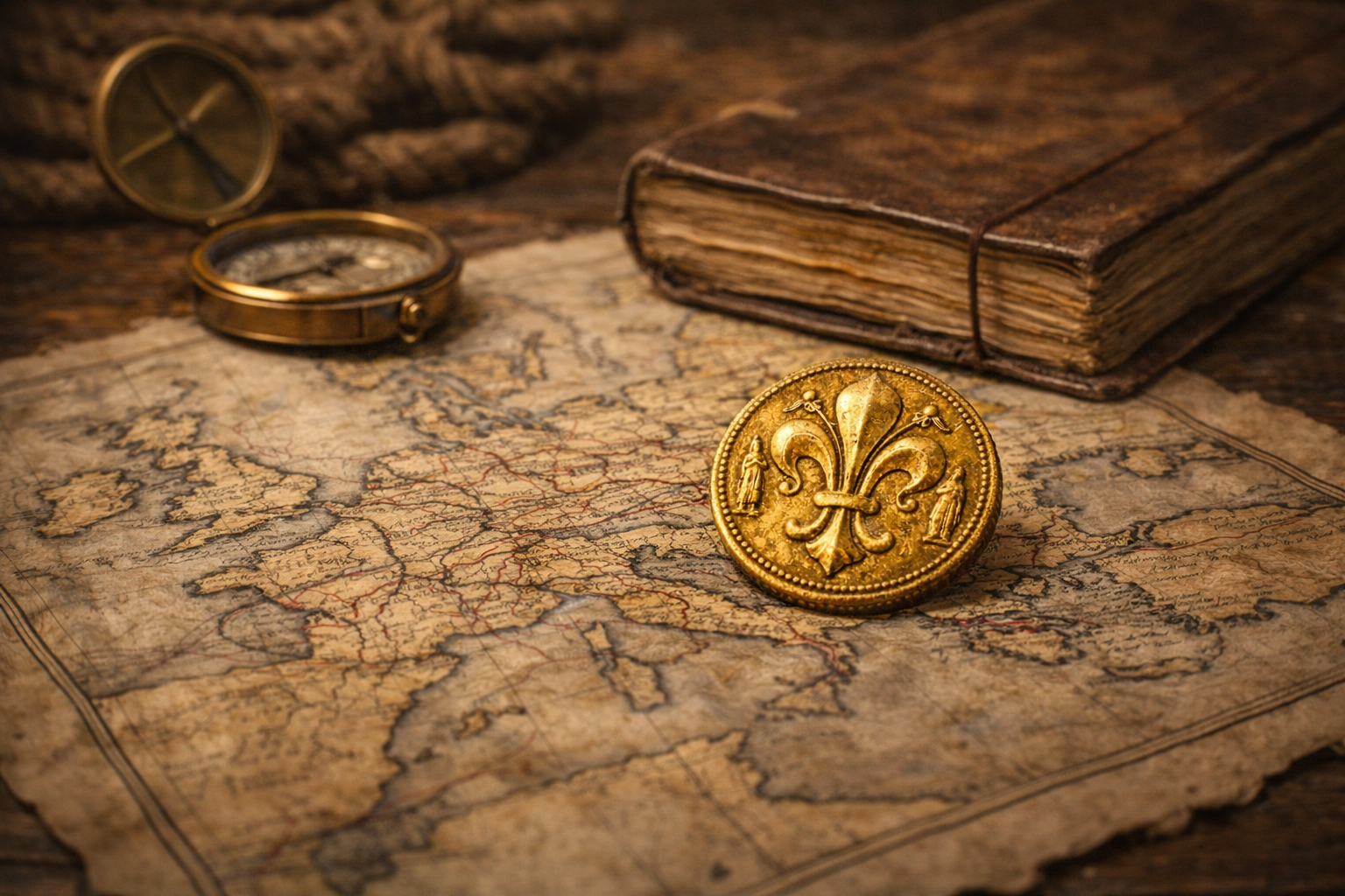 Gold coin positioned near a hand drawn European map and navigation tools symbolizing cross border trade in the fifteenth century.