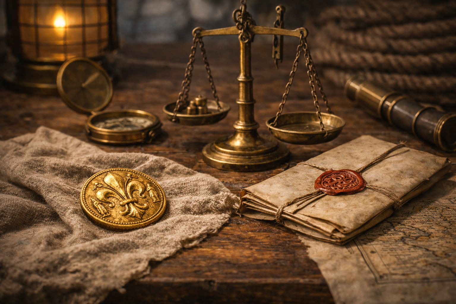 Medieval merchant tools including a gold coin, balance scale, and sealed contract used in fifteenth century trade.