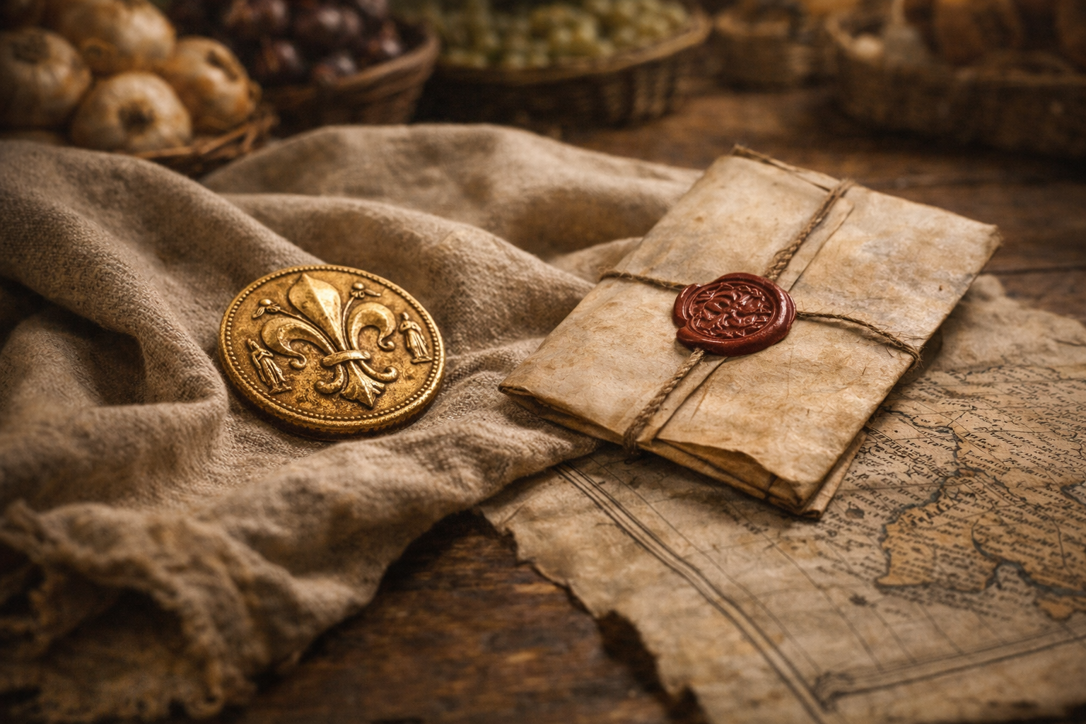 Medieval trade documents and a gold coin symbolizing cross border commerce in 15th century Europe.