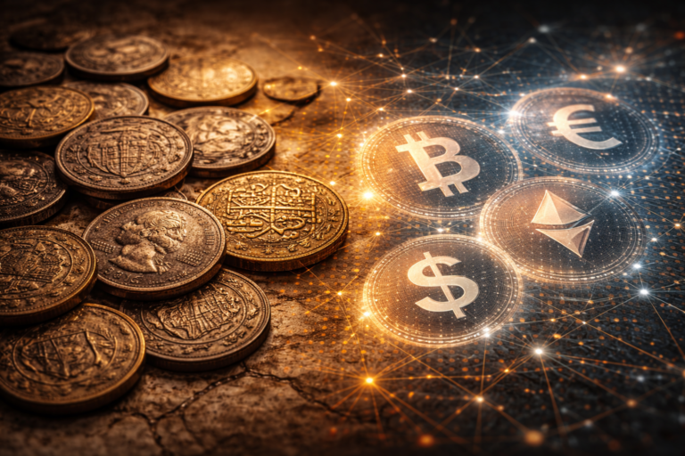 Old coins contrasted with modern digital money