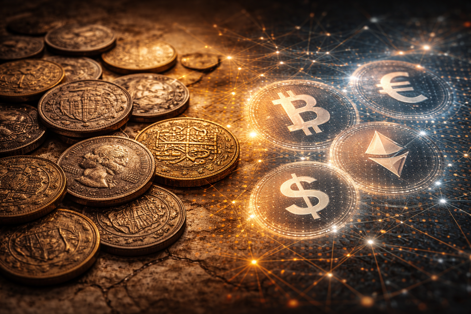 Old coins contrasted with modern digital money