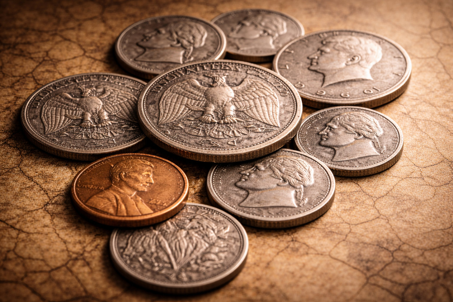 Older American coin designs with traditional visual language