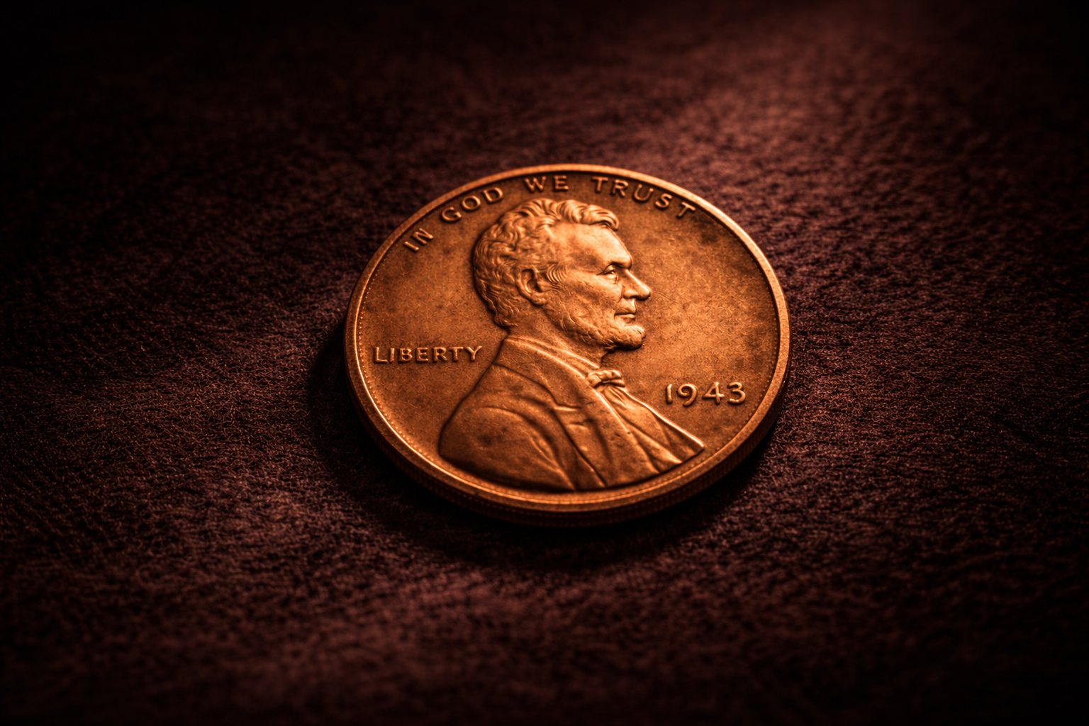 1943 copper Lincoln penny on dark velvet background under dramatic spotlight showing Abraham Lincoln portrait and detailed coin texture