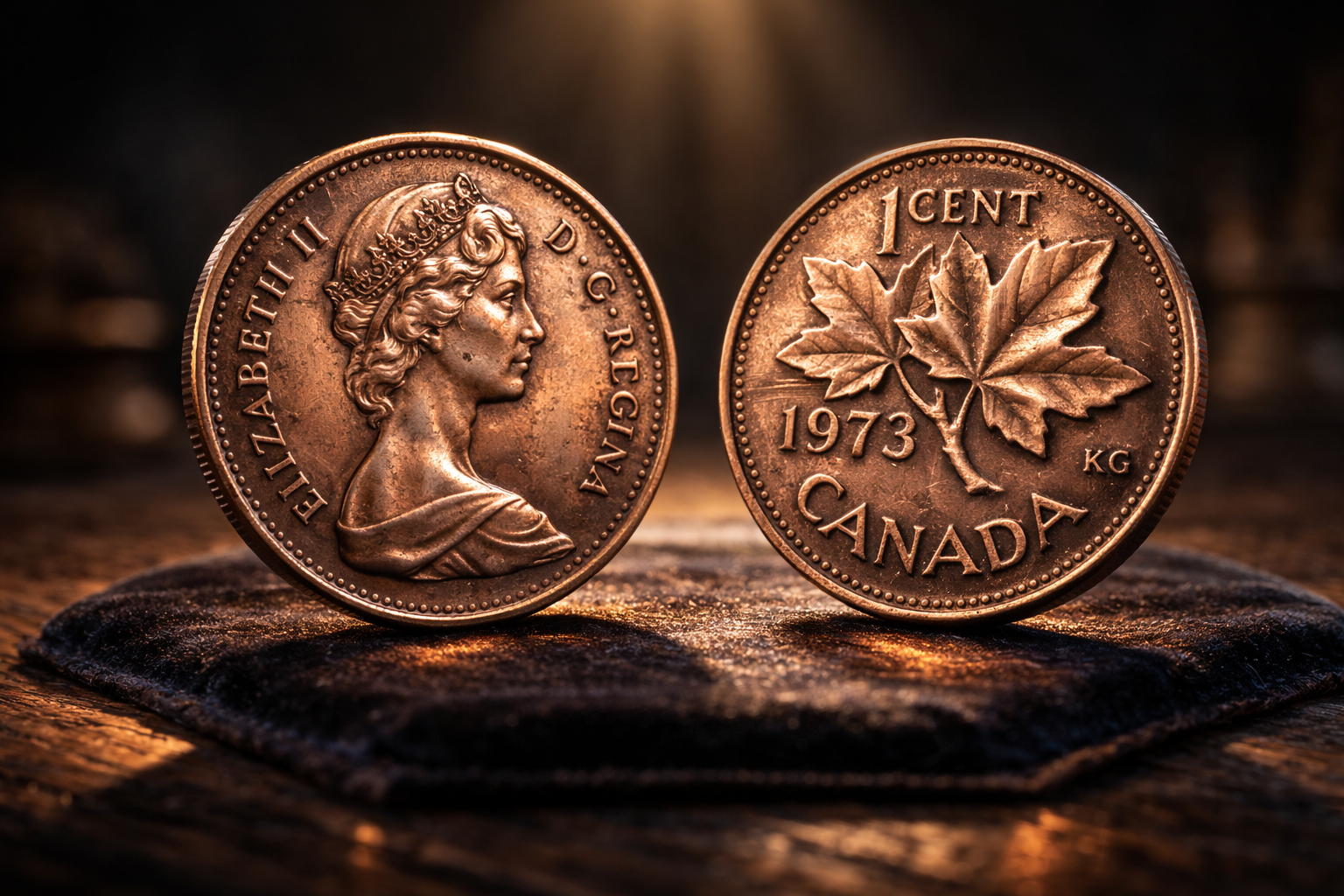 1973 Canadian penny showing Queen Elizabeth II and maple leaf design.