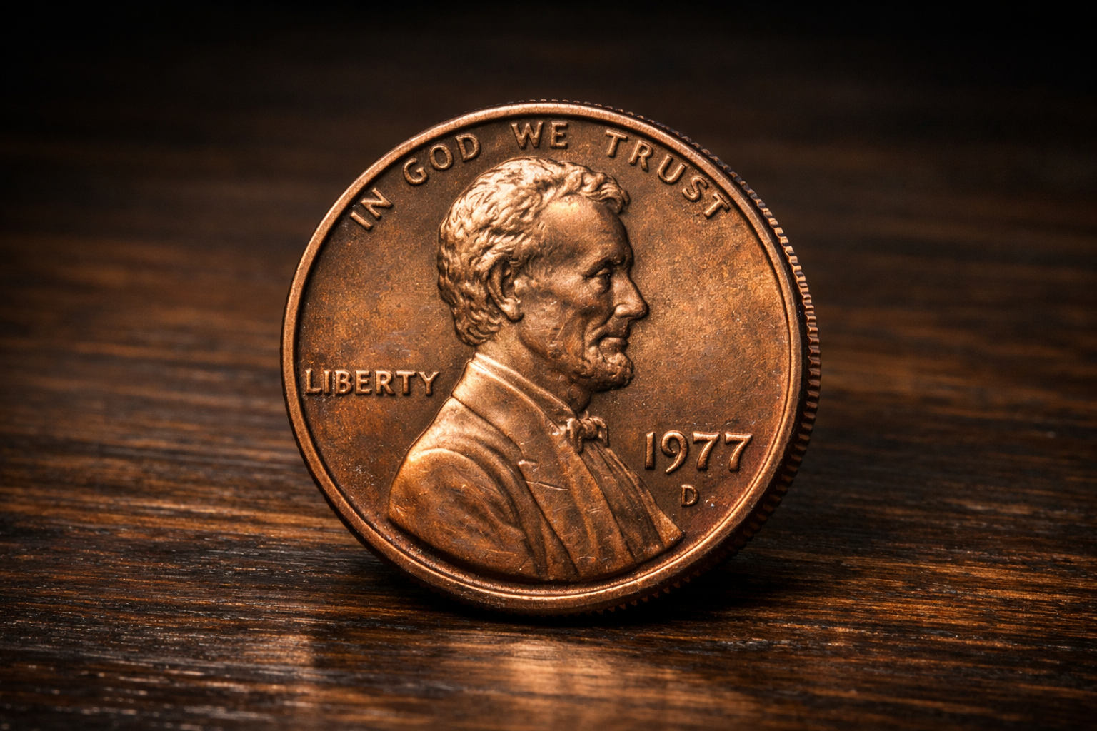 1977 Lincoln penny displayed with clear details of Abraham Lincoln portrait.