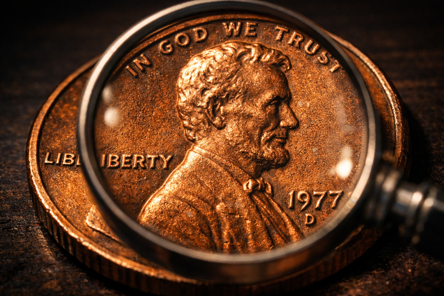 1977 Lincoln penny examined closely for minting details.