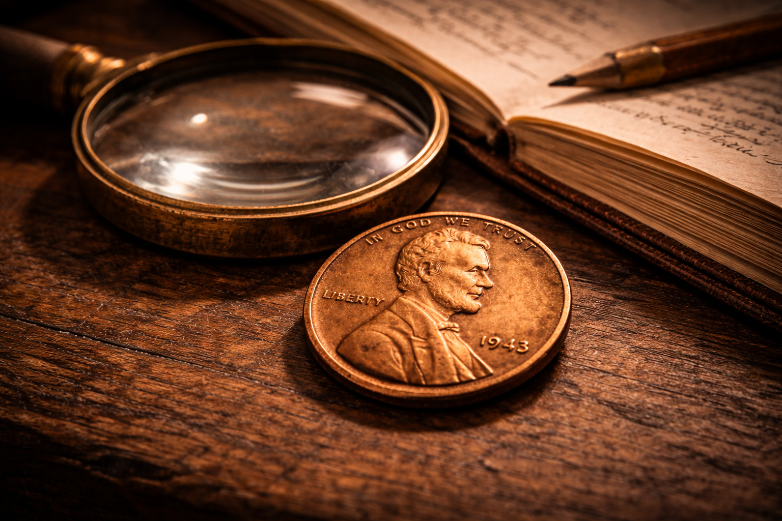A 1943 copper penny examined closely for authentication.