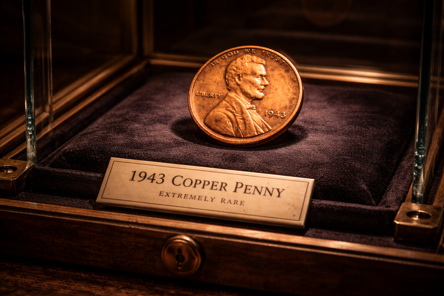 A 1943 copper penny preserved inside a museum display case.