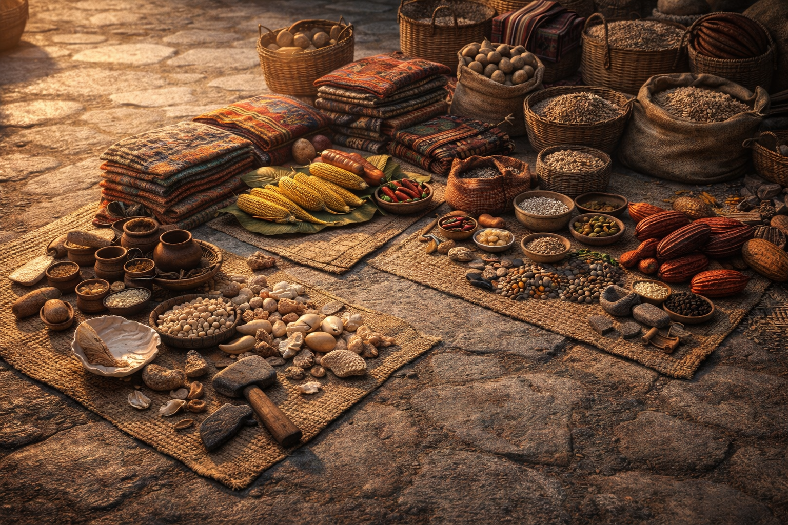 Ancient marketplace exchange goods in South America before widespread coin use.
