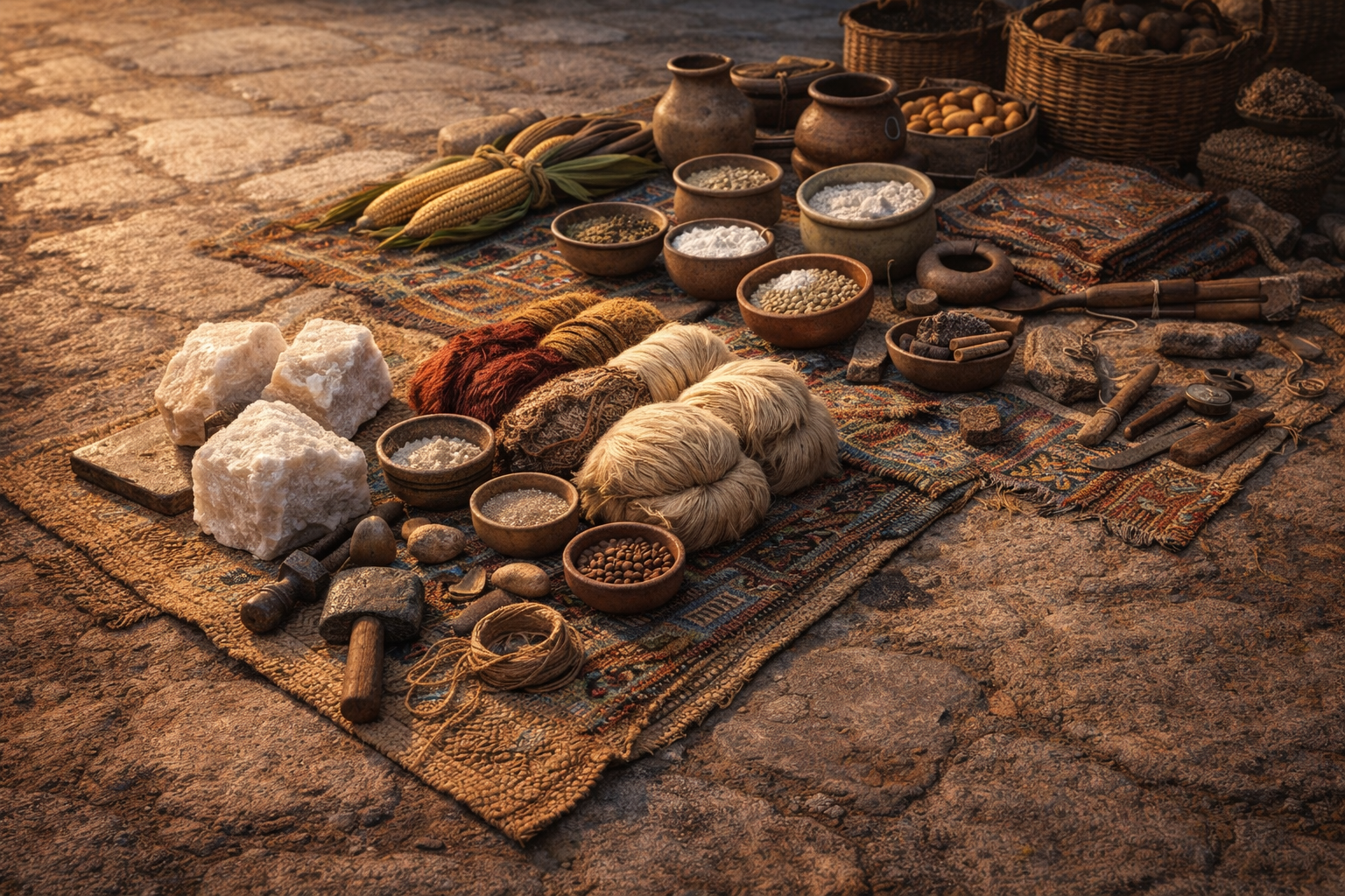 Andean market goods arranged for exchange in ancient South America.