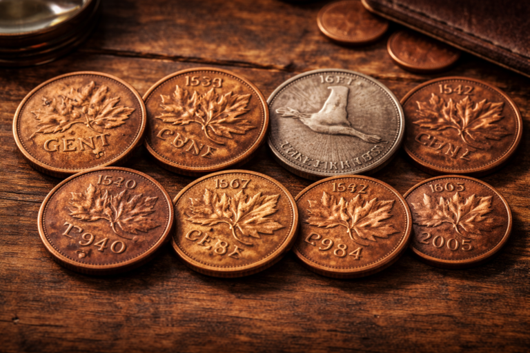Canadian pennies from different decades showing design evolution in Canada