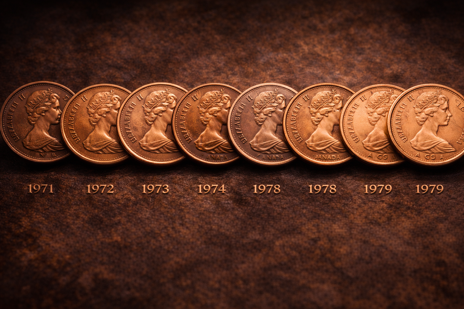 Canadian pennies from different years in the 1970s showing subtle visual differences.