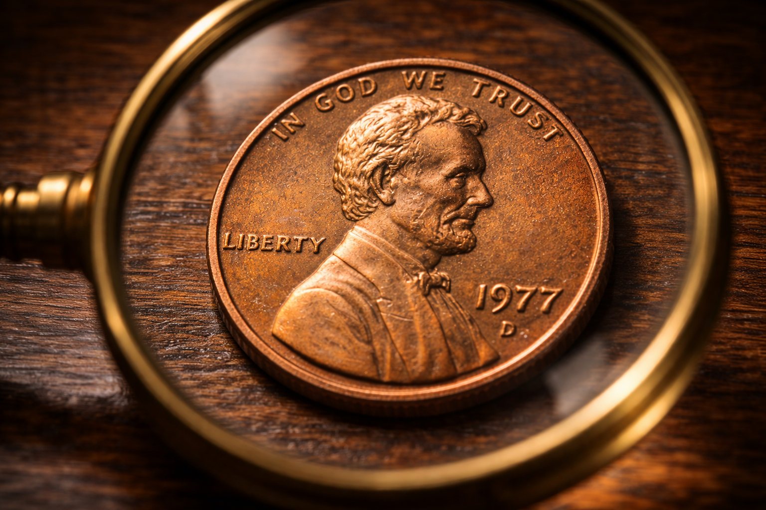 Close inspection of a 1977 penny showing surface condition.