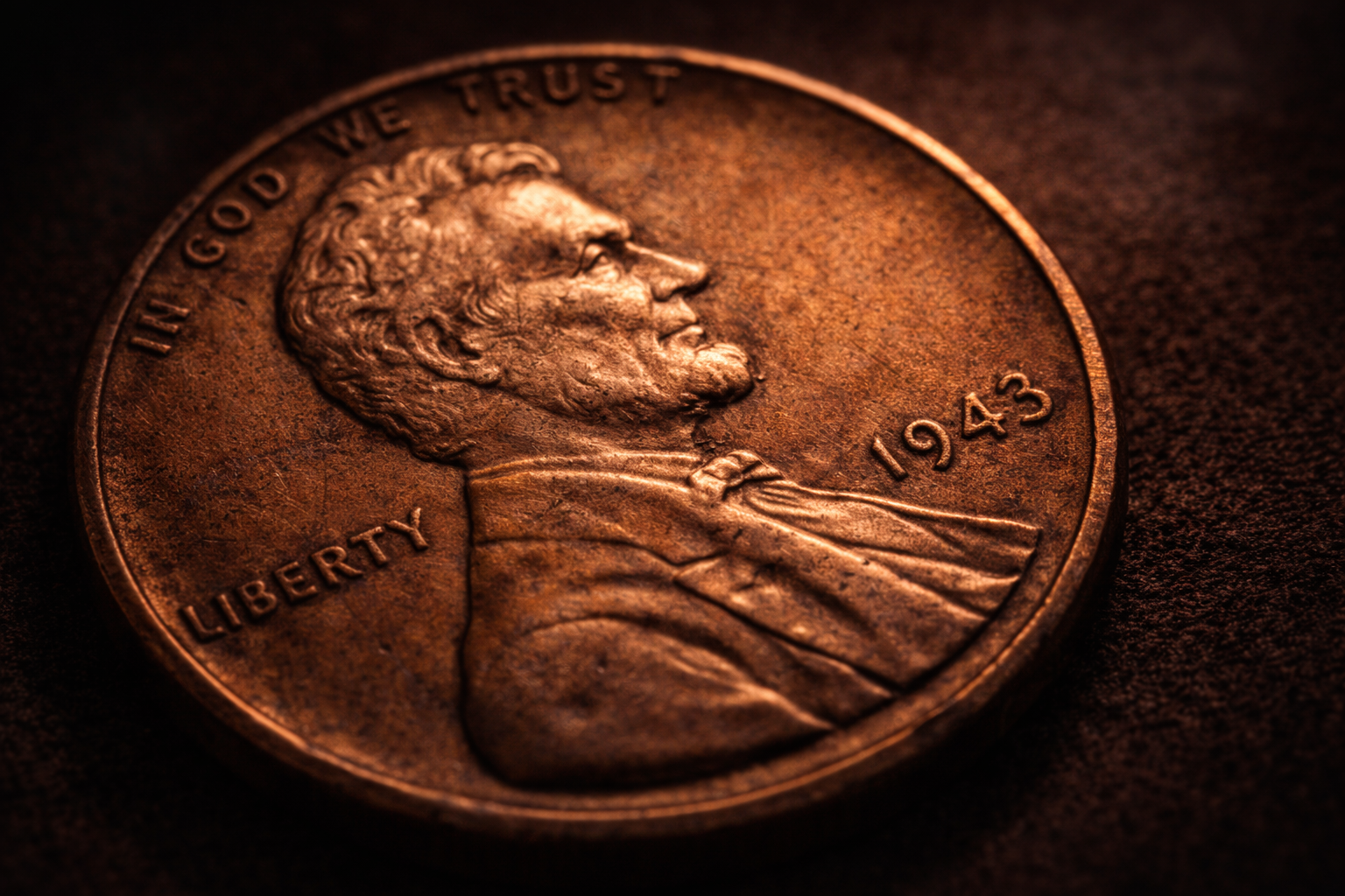 Close-up details of a rare 1943 copper Lincoln penny.