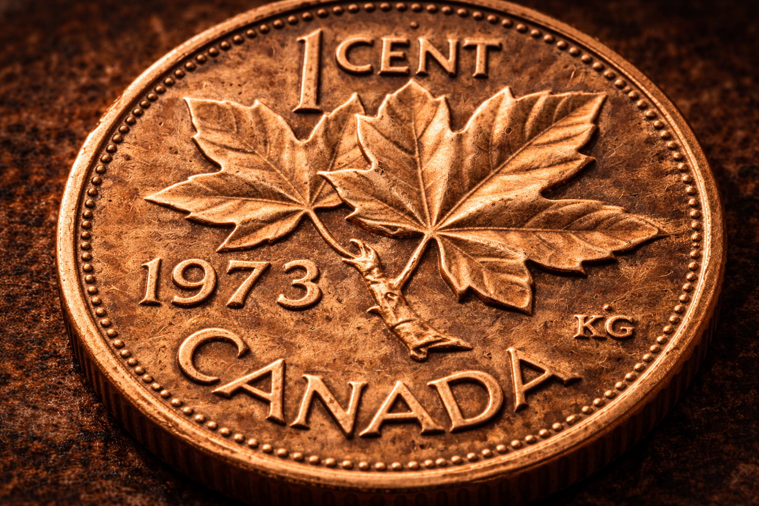 Close-up details of maple leaf design on 1973 Canadian penny.