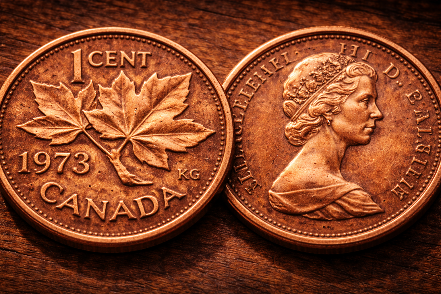 Close up of Canadian penny showing maple leaf and Queen portrait design