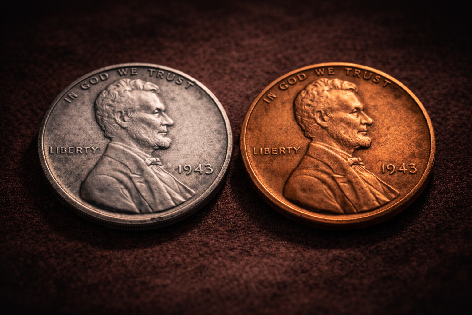 Comparison between a 1943 steel penny and a rare copper version.