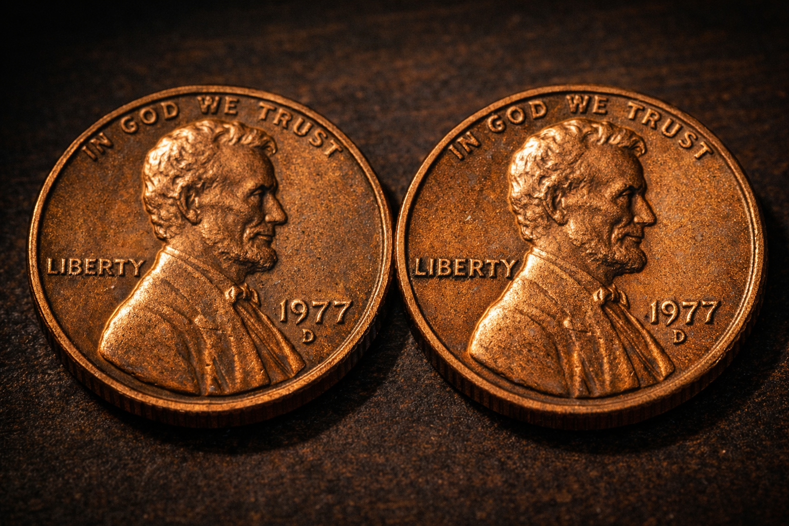 Comparison between a normal 1977 penny and one with slight doubling.