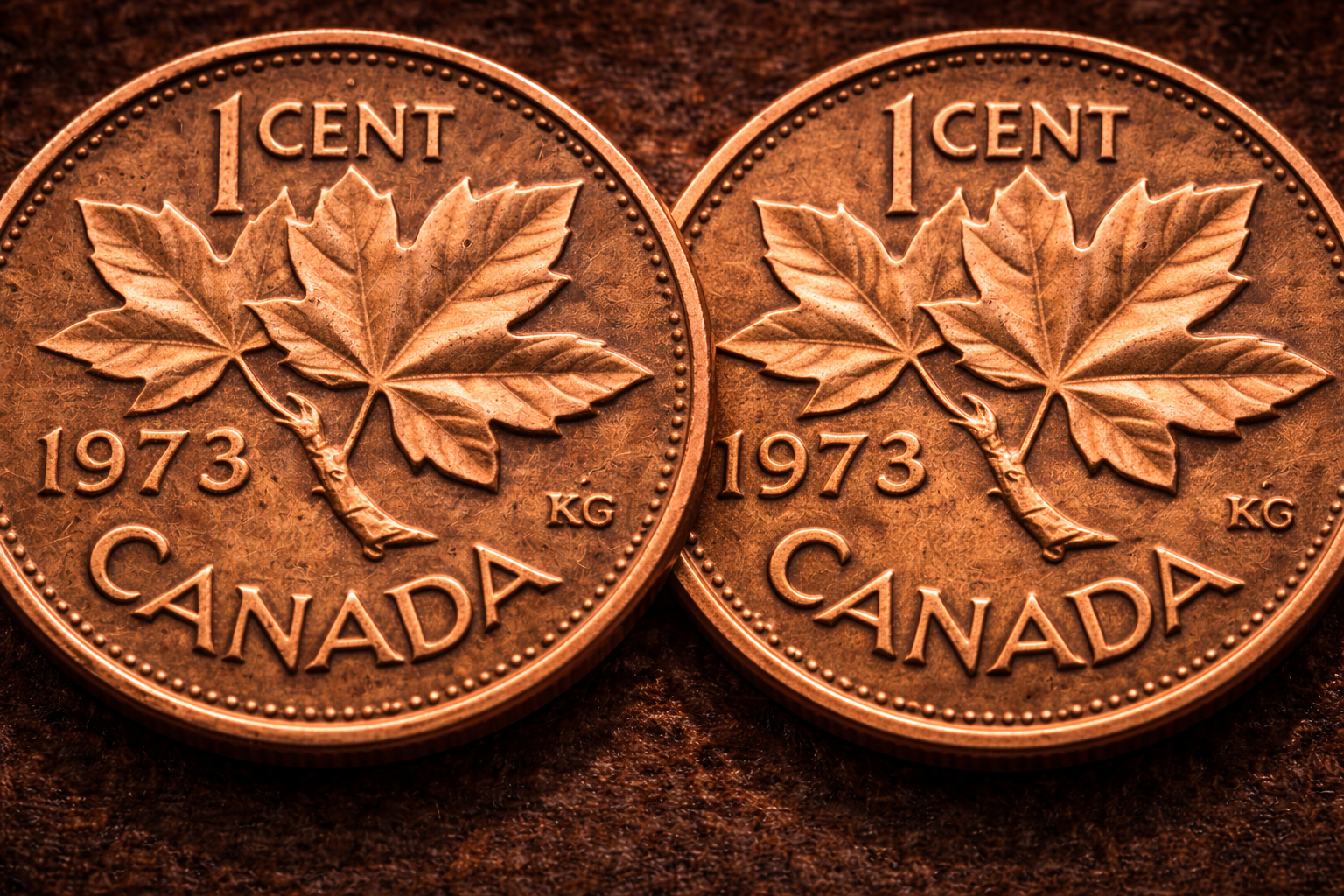 Comparison of maple leaf reverse detail on 1973 Canadian pennies.