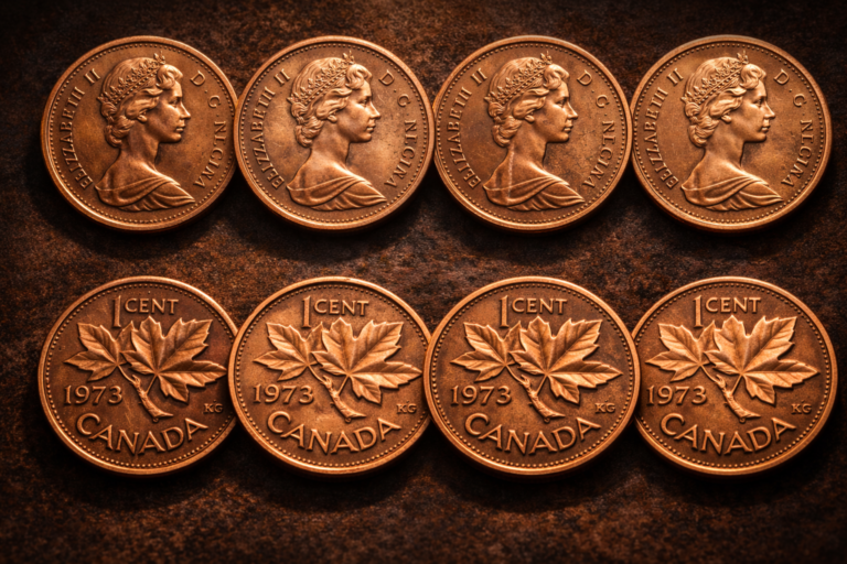 Comparison of several 1973 Canadian pennies showing small visual variations.