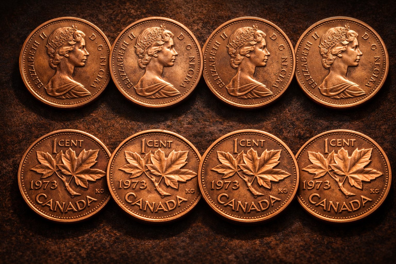 Comparison of several 1973 Canadian pennies showing small visual variations.