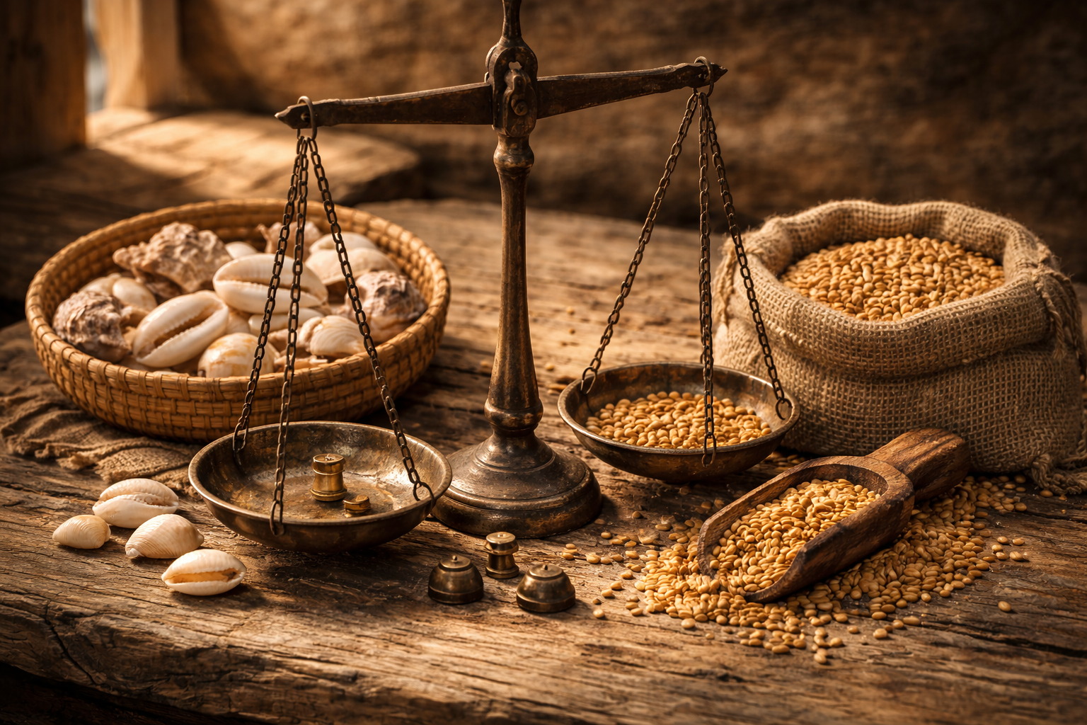 Cowrie shells and grain used as early exchange items.